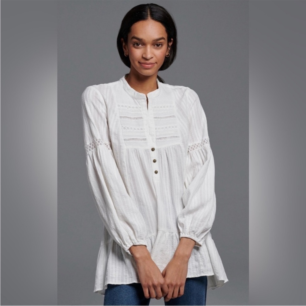 Anthropologie Haley Embroidered Lace Tunic White Henley Flounce Hem Sz M
